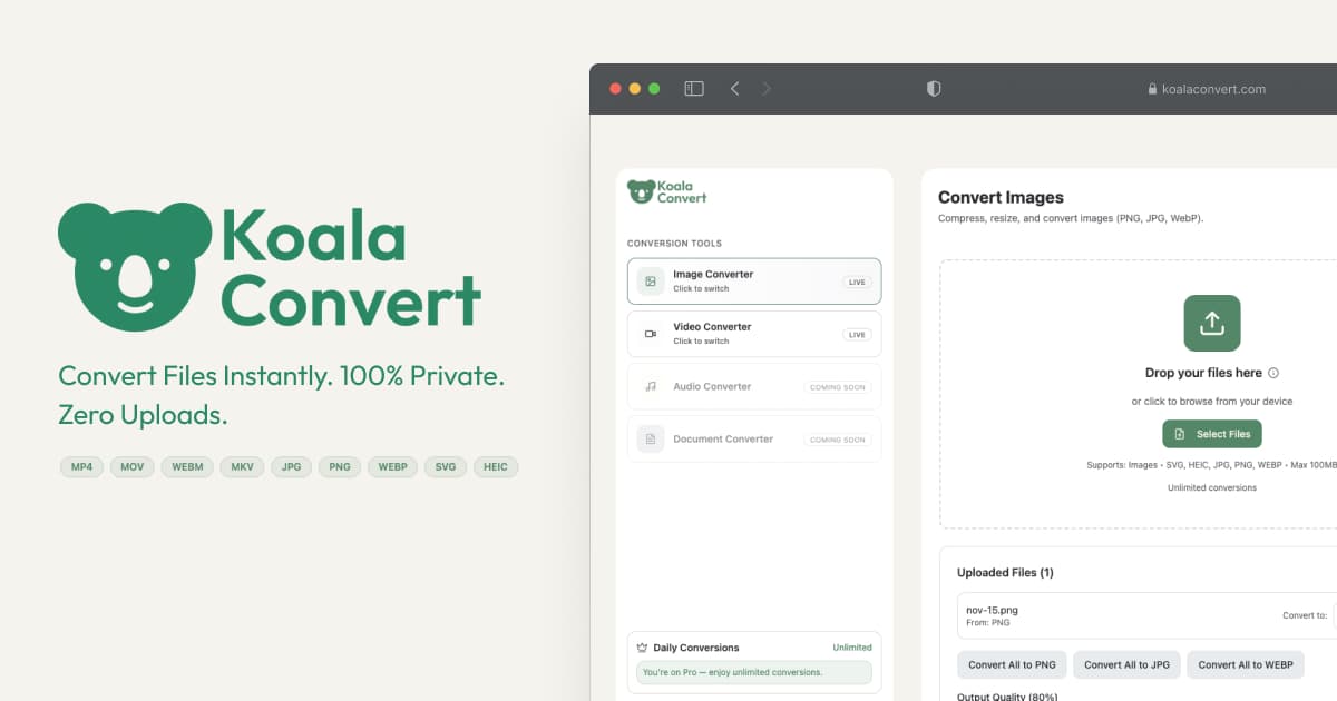 Koala Convert formats hub listing JPG, PNG, and WebP conversion routes.